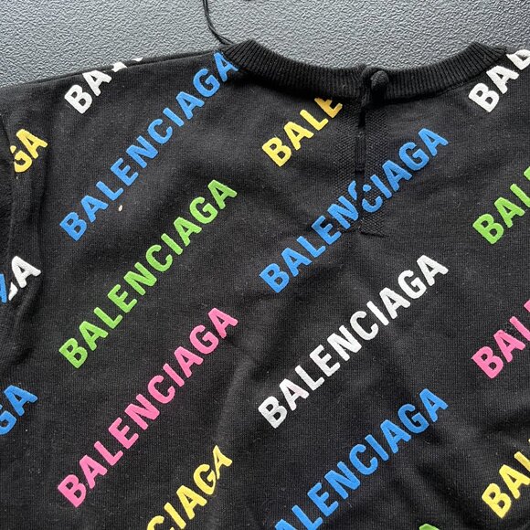 NWT Balenciaga Crop Sweater Cotton Puff Ink Knit Black Multicolor Logo Print - Picture 7 of 11